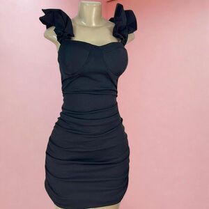 Ruffle Strap Black Ruched Mini Dress – Coquette Size L